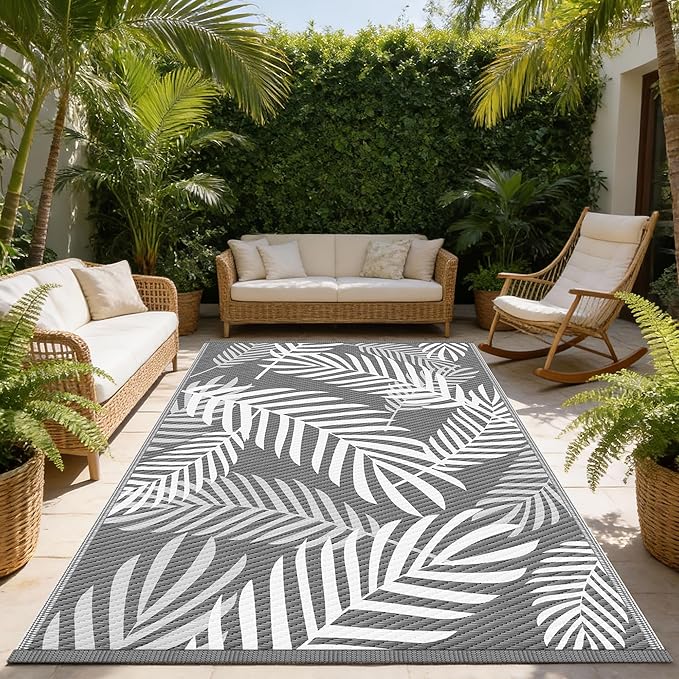 Kohree Outdoor Rug Waterproof 9x12, Reversible Outdoor Plastic Straw Rug with Leaf Pattern, Easy-Cleaning RV Mat Carpet for Patio, Porch, Camping, Balcony, Deck, Backyard, Grey & White