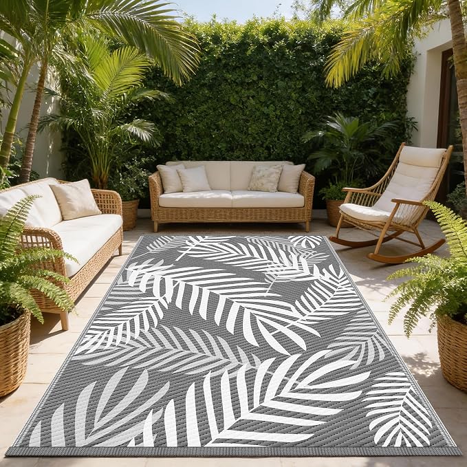 Kohree Outdoor Rug Waterproof 9x12, Reversible Outdoor Plastic Straw Rug with Leaf Pattern, Easy-Cleaning RV Mat Carpet for Patio, Porch, Camping, Balcony, Deck, Backyard, Grey & White
