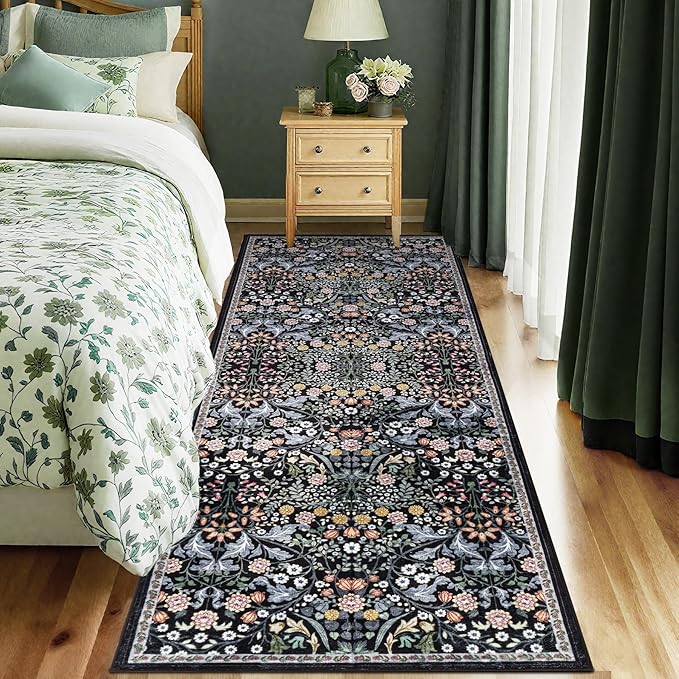 PLHXFR 2.6x8 Washable Runner Rug：Floral Indoor Kitchen Carpet Dark Black | For Hallway Bedroom Kitchen Laundry Bathroom Dorm,Vintage Floral,Machine washable,Non Slip,Stain Resistant,Indoor Floor