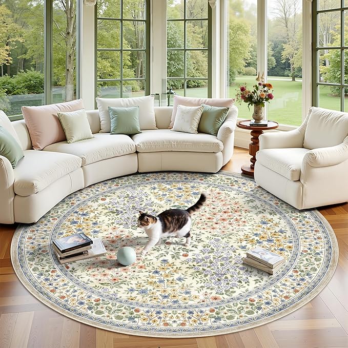6FT Round Area Rugs, Machine Washable Low Pile Floral Rugs for Living Room, Bedroom, Large Boho Area Rug with Non-Slip Backing for Dining Room(Beige Floral)