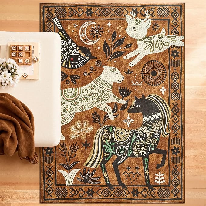 jinchan 5x7 Cute Area Rug Kids Washable Fun Rug Earthy Brown Starlit Boho | Soft, Cozy, Non-Slip, Kid-Friendly, Animal, Lightweight, Entryway, Kitchen, Dorm, Bedroom, Living Room, Playroom, Nursery