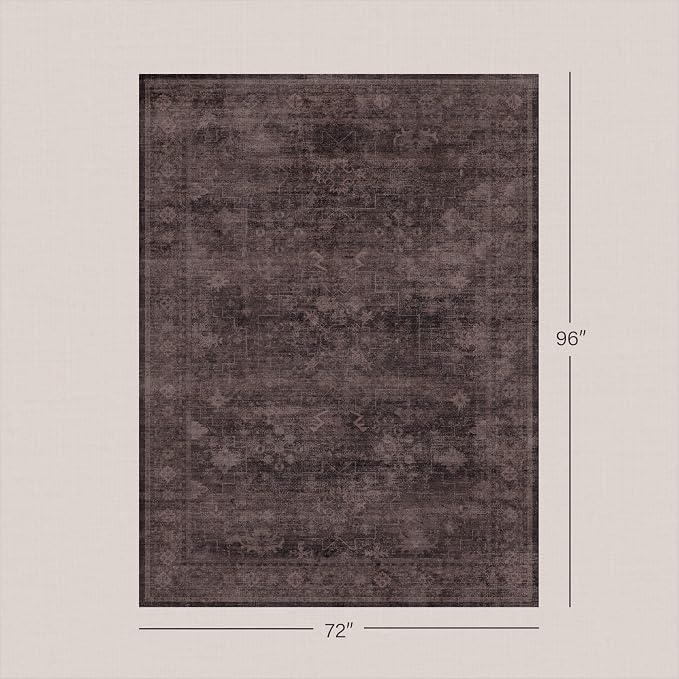 Vintage 6x8 Dark Taupe Brown Area Rug for Dining Room, Living Room & Bedroom, Farmhouse Distressed Geometric Design, Washable, Low Pile, Anti-Slip Backing, Stain Resistant, Easy to Clean