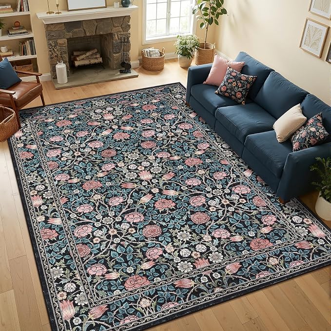 GarveeHome Blue Floral 6x9 Area Rug for Bedroom Living Room | Washable Dinning Room Dorm Office Rug Vintage Boho Rugs Low-Pile Non-Slip Stain Resistant TPE Backing