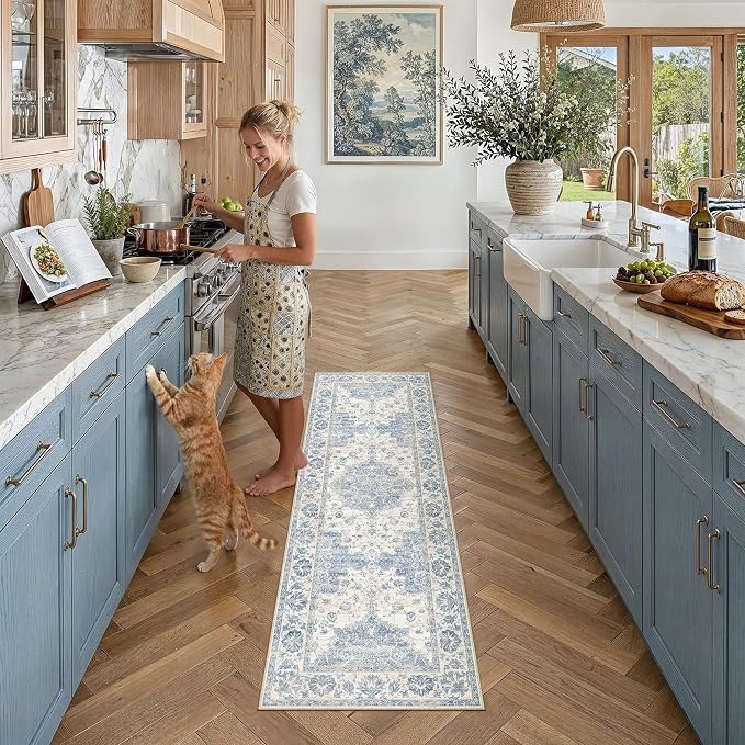 Blue Runner Rug 2x6 Kitchen Vintage Floral Non-Slip Carpet | Machine Washable, Soft, Low Pile, Distressed, for Hallway, Entryway, Laundry Room, Bathroom, Retro Neutral Decor