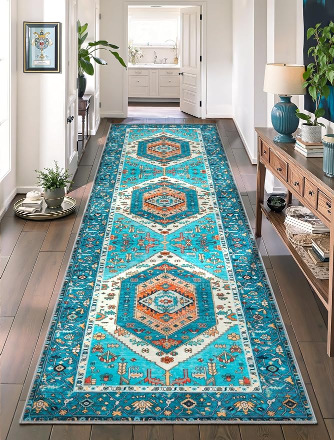 SERISSA 2'6"x8' Washable Non Slip Boho Runner Rug for Hallway，Blue | Ultra Soft Vintage Oriental Carpet Low-Pile Distressed Tribal Floor Carpet for Kitchen Bedroom Bathroom Laundry Room