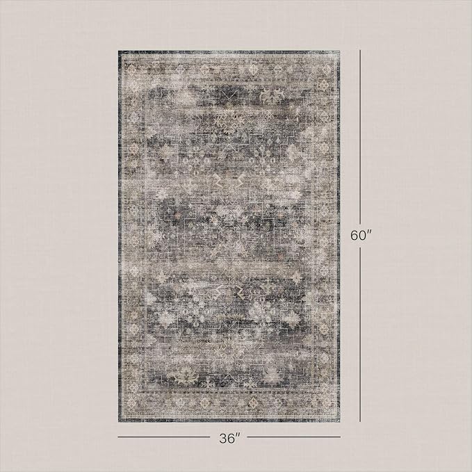 Washable Entryway Rug 3x5 for Kitchen, Bathroom, Low Pile Non-Slip Stain Resistant Indoor Front Door Mat, Charcoal Stone Farmhouse Modern Oriental Distressed Geometric Throw Area Rug