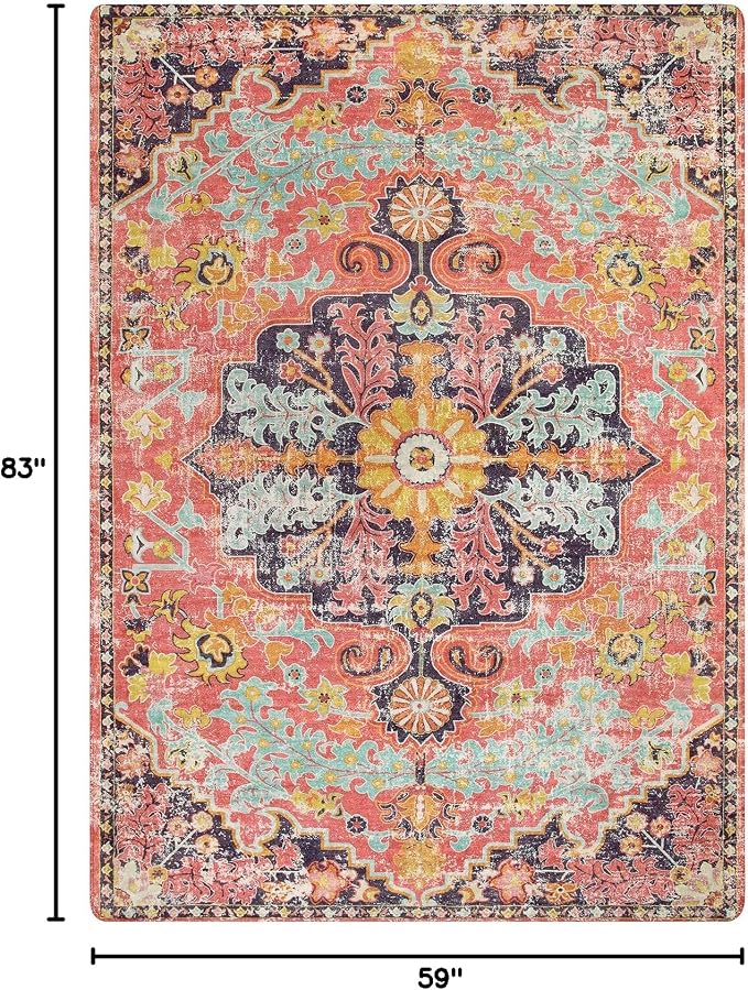 Lahome Reine 5x7 Boho Living Room Rug Colorful Bedroom Rug, Large Bohemian Nursery Rugs, Hot Pink Non-Slip Machine Washable Soft Playroom Mat Indoor Floor Accent Carpet for Dining Table Mud Room
