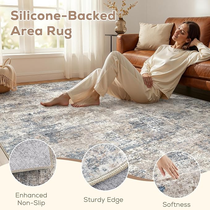 Nakagishi 5X7 Abstract Washable Area Rugs for Living Room-Blue Brown | Modern Non-Slip Silicone Backing Low Pile Soft Carpet for Bedroom Dining Decor Ideal for Families with Kids and Pets