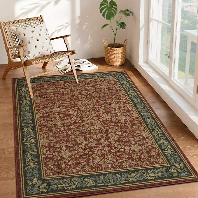 GarveeHome Washable 4x6 Entryway Rugs Non Slip Kitchen Area Rug, Red | Boho Vintage Soft Low Pile Stain Resistant Indoor Carpet for Living Room Bedroom Hallway Nursery Home Office