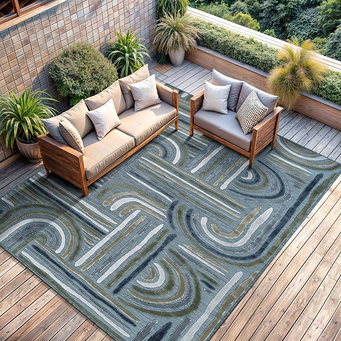 CAMILSON Indoor Outdoor Rug, Aqua 10x14 Geometric Arch Striped Large Area Rugs for Patio and Home Areas, Easy-Cleaning Non-Shedding Living Room, Garden and Deck Washable Outside Carpet (10 x 14)