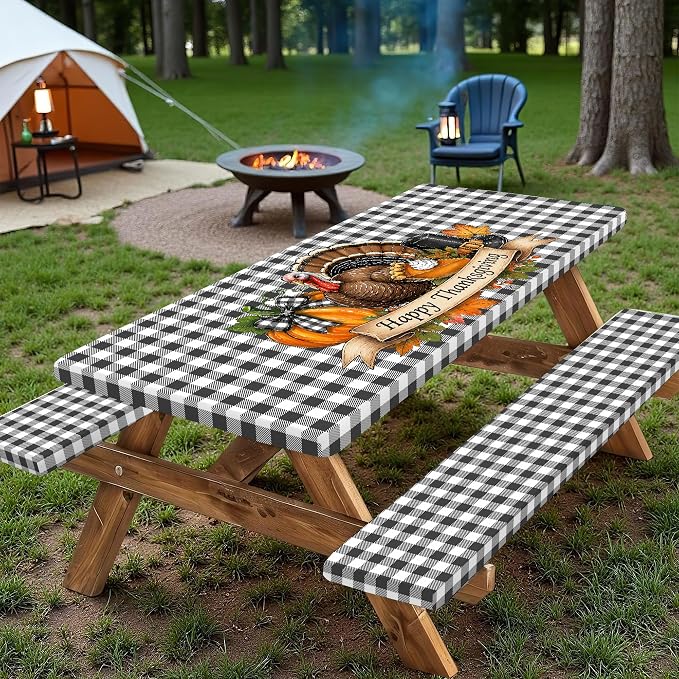 Thanksgiving Picnic Table Cover Set with Bench Covers, Buffalo Check Plaid Turkey Happy Thanksgiving Waterproof Elastic Fitted Outdoor Patio Camping Tablecloth