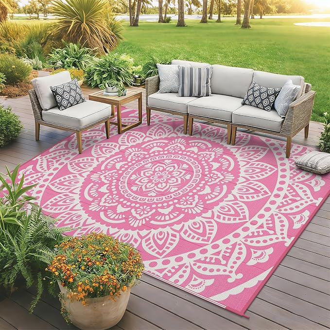 Bsmathom Waterproof Outdoor Rug 6'x9' Reversible Boho Plastic Straw Patio Deck Camping Rugs, Indoor Outdoor Portable RV Mat Clearance Carpet for Outside, Porch, Balcony, Backyard, Beach, Pool,Pink