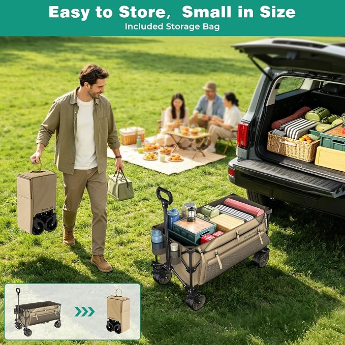 SUNNYFEEL 300L Wagon Cart Foldable - 550LBS Heavy Duty Collapsible Wagon with Big All-Terrain Wheels & Brakes, Extra Large Folding Utility Wagon for Camping, Grocery, Shopping, Sports, Beach, Khaki