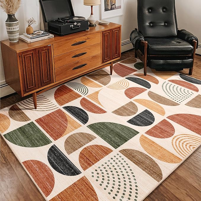 Boho Rug Washable,4x6.5 Area Rugs for Bedroom Living Room Bedside Office,Throw Floor Carpet Non Slip Soft Indoor Modern Abstract Bohemian Terracotta