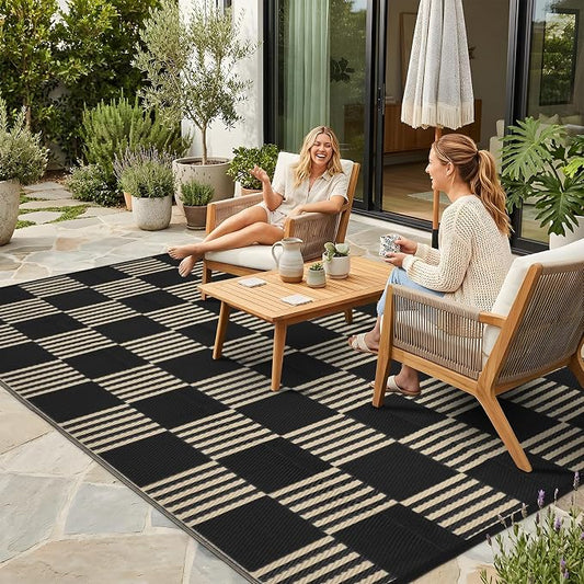 Garvee Waterproof Outdoor Rug 6x9, Checkered Foldable Plastic Straw Patio Camping Rug, Outdoor RV Carpet for Deck Camper Porch Balcony Backyard Picnic Beach Black and Brown