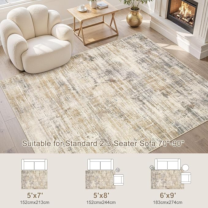 Uermei 6x9 Area Rug for Living Room Washable Abstract Golden Brown Carpet | Low Pile Non-Slip Soft Neutral Modern Kid Pet Friendly Large Rugs For Bedroom Dining Room Nursery Office Indoor Decor