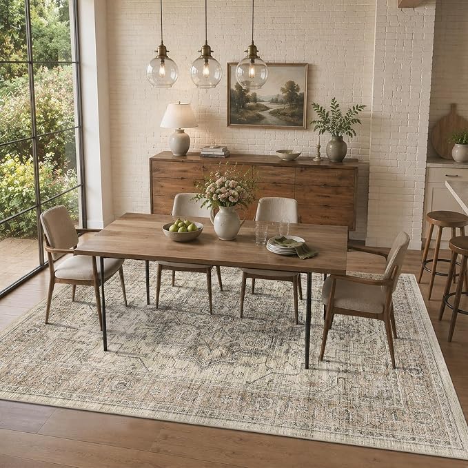 5x7 Area Rug for Living Room Soft Washable Vintage Area Rug | Non-Slip, Retro Print, Low Pile, Stain Resistant, Soft Washable Taupe Carpet, for Bedroom, Dining Room, Nursery, Home Office