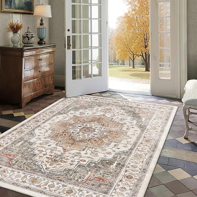 4x6 Vintage Area Rugs for Indoor Entrance Non-Slip Washable Rug | Ultra Soft, Low Pile, Lightweight Carpet, Stain Resistant Rug, Retro Distressed, for Living Room, Bedroom, Playroom, Office