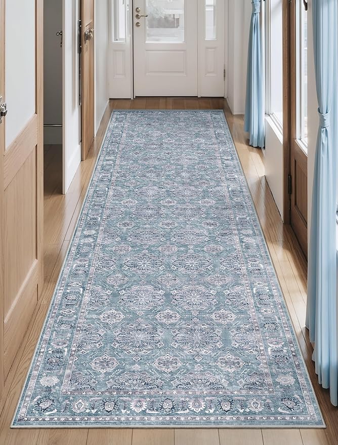 SERISSA 2'6"x8' Washable Non Slip Floral Boho Runner Rug for Hallway | Ultra Soft Vintage Floral Carpet Low-Pile Blue Grey Indoor Mat Throw Rug for Kitchen Bedroom Bathroom Laundry Room