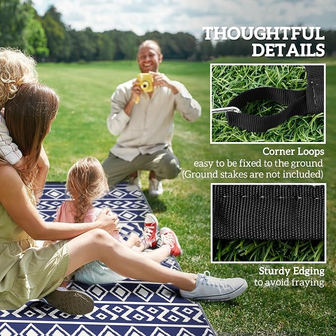 Outsunny Outdoor Rug for Patio, 9' x 12' Waterproof Large Mat, Reversible Plastic Straw Rug for Decor, Portable Outside RV Camping Area Carpet Mat for Backyard Porch Deck Picnic, Blue & White Rhombus