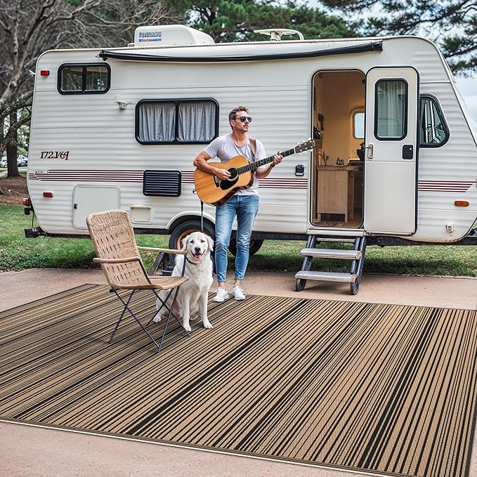 GENIMO Outdoor Rug for Patio Clearance, 8'x10' Reversible Plastic Straw Rugs, Lightweight Waterproof RV Camping Mat for Camper, Balcony, Deck, Backyard, Picnic, BlackBrown