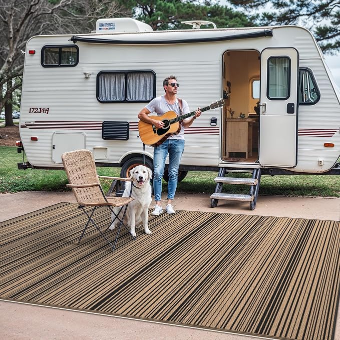 GENIMO Outdoor Rug for Patio Clearance, 9'x12' Reversible Plastic Straw Rugs, Lightweight Waterproof RV Camping Mat for Camper, Balcony, Deck, Backyard, Picnic, BlackBrown