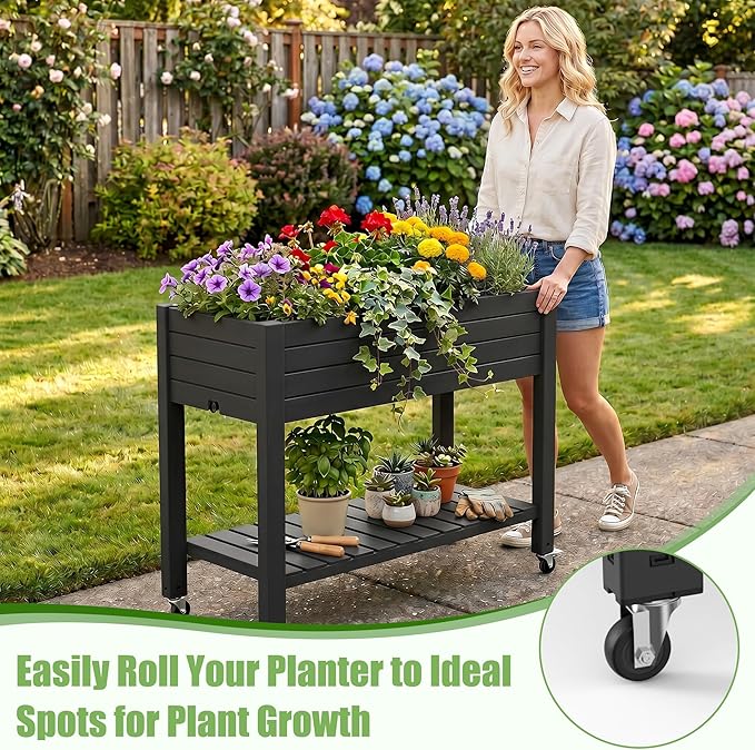 EFU Raised Garden Beds Outdoor, with Wheels for Mobility, Extra Storage Shelf, Water Level Monitoring, 21 Gallon Planter Raised Beds for Vegetables, Herbs, Fruits, Backyard, Patio, Balcony (Black)