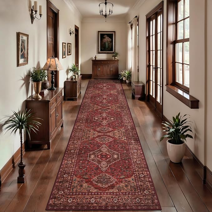 Tangsoo Boho 2.6x12 Washable Hallway Runner Rug, Red Non Slip Long Rug | Oriental Soft Low Pile Rug Runner, Vintage Print Carpet Runners for Hallway Kitchen Bedroom Entryway Living Room Dark Red