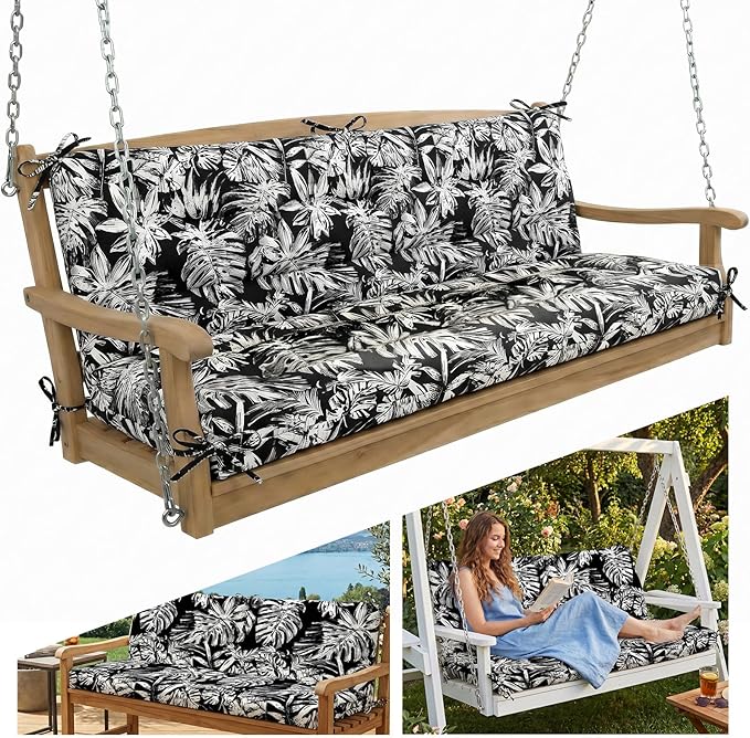 Outdoor Swing Cushion with Backrest, Tie Straps & Memory Foam - Replacement for Porch Bench 2/3 Seater, Oxford Fabric (Black & White, 60 INCH × 40 INCH)