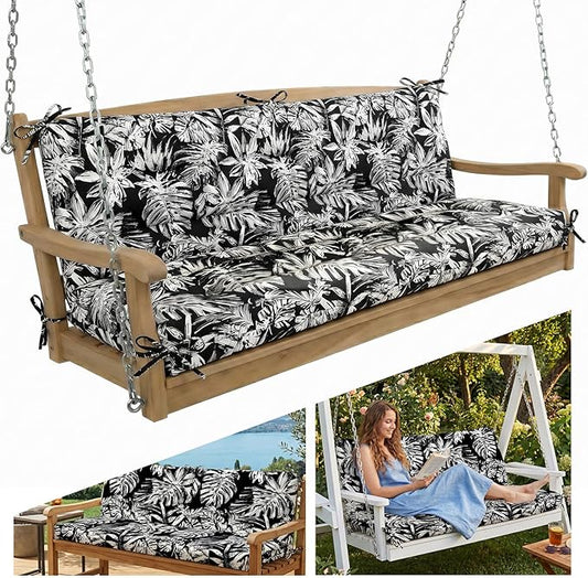 Outdoor Swing Cushion with Backrest, Tie Straps & Memory Foam - Replacement for Porch Bench 2/3 Seater, Oxford Fabric (Black & White, 60 INCH × 40 INCH)
