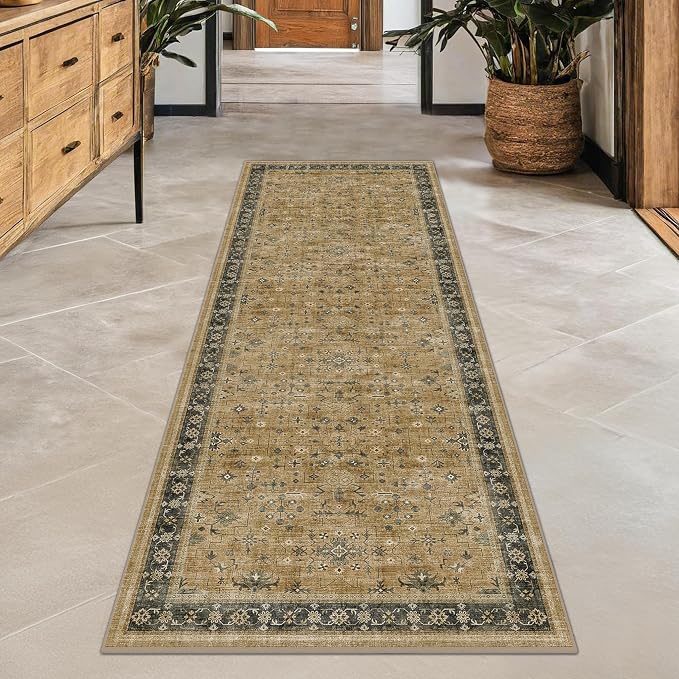 Boho 2x7 Runner Rug for Hallway, Washable Runner Rug for Kitchen, Non-Slip Low-Pile Washable Stain Resistant, Vintage Rustic Brown and Charcoal Olive Décor