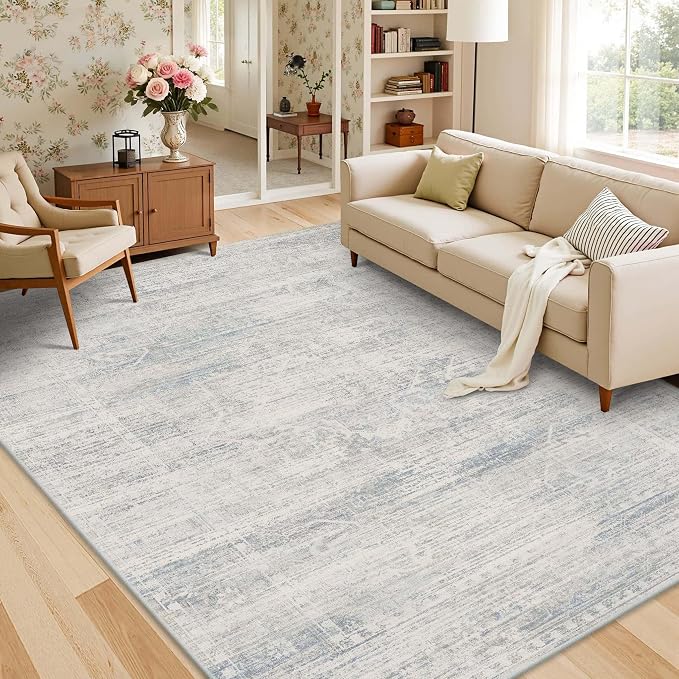Latte&Fog Vintage Blue Rugs for Living Room, Washable Vintage 6x9 Area Rugs | for Bedroom Dining Kitchen Kids Playroom Nursery Classroom Dorm Farmhouse Office, Non Slip Low Pile Soft Floral Carpet Indoor