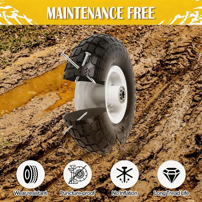 4.10/3.50-4 Tire and Wheel Flat Free, 10" Solid Tire 220LB Capacity Each, with 5/8" Bearings and 2.1" Offset Hub, for G orilla Cart, Garden Cart, Trailer, Dolly, Hand Truck, Wagon, 4 Pack, Silver