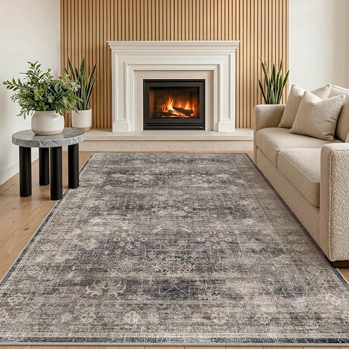 Minimalist 5x7 Charcoal Stone Area Rugs for Living Room, Modern Boho Washable Distressed Geometric Rug for Dining Room Bedroom, Stain Resistant Low Pile Anti-Slip Ultra Soft