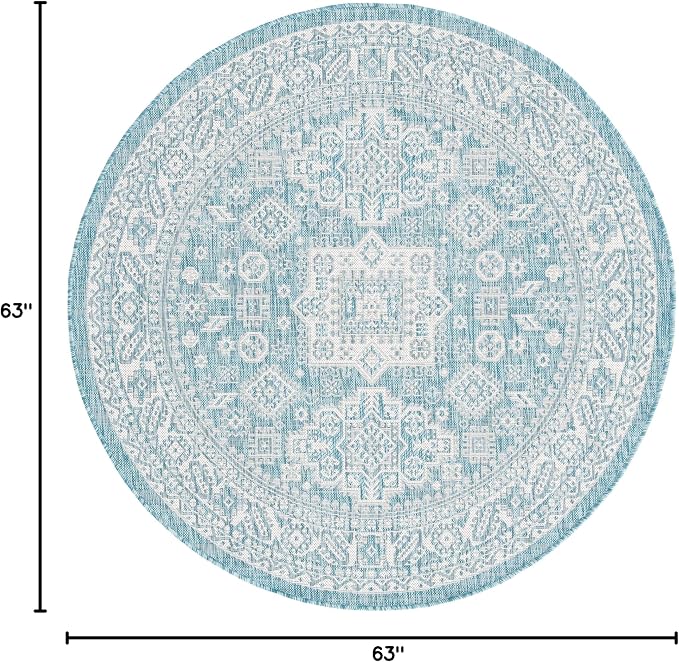 Unique Loom Outdoor Aztec Collection Area Rug - Chalca (5' 3" Round, Aqua/ Ivory)
