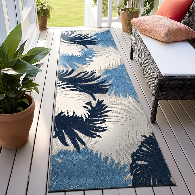 Rugshop Lucca Contemporary Floral Indoor/Outdoor 2' 7" X 12' Navy