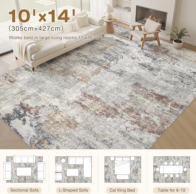 DMOYEST 10x14 Area Rug for Living Room Washable Abstract Indoor Carpet | Neutral Modern Low Pile Rugs Kid & Pet Friendly Large Soft Thin Carpet for Bedroom Dining Room - Grey/Orange/Yellow