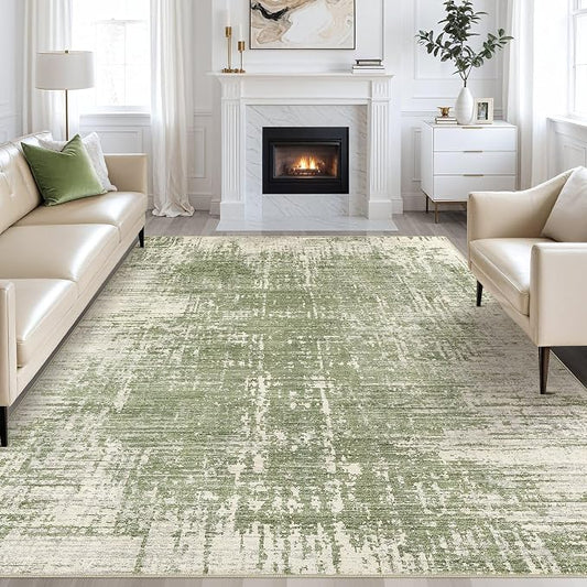 kakania Abstract 10x12 Area Rugs for Living Room: Washable Rugs Green | Soft, Non-Slip, Low-Pile, Pet & Kid Friendly - Large Modern Home Decor Carpet for Bedroom/Dining Room/Office/Nursery