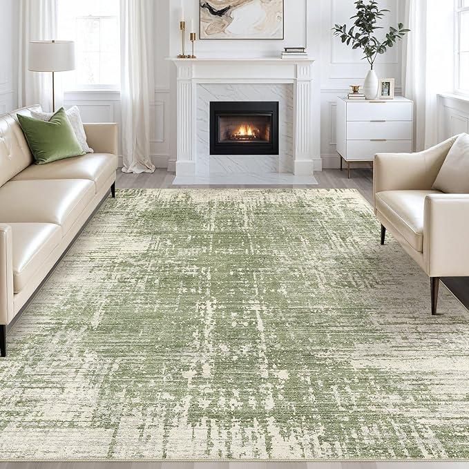 kakania Abstract 10x14 Area Rugs for Living Room: Washable Rugs Green | Soft, Non-Slip, Low-Pile, Pet & Kid Friendly - Large Modern Home Decor Carpet for Bedroom/Dining Room/Office/Nursery