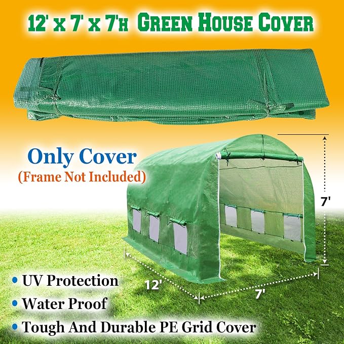 Greenhouse Replacement Covering for Outdoor Larger Hot Garden House , Support Arch Frame Climbing Plants/Flowers/Vegetables (12'X7'X7', Cover)