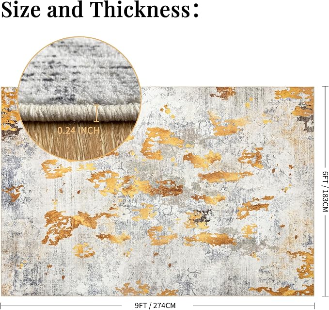 Washable 6x9 Area Rug: Modern Large Rugs for Living Room Dining Room Bedroom Office Indoor - Non-Slip Carpet Home Decor - 6x9 Orange Gold Grey