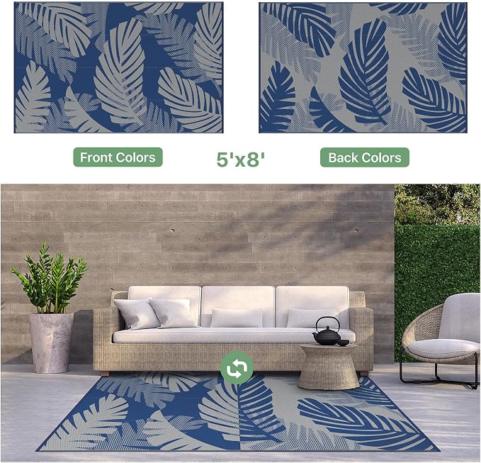 GENIMO Waterproof Outdoor Rug 5' x 8' for Patio Decor, Reversible Plastic Straw Area Rugs for Camping Clearance, RV Mat, Large Outside Carpet for Porch, Deck, Picni, Balcony, Garden, Blue & Grey
