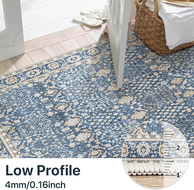 10x14 Area Rug for Living Room, Washable Low Pile, Lake Blue | Vintage Distressed Design, Spill Resistant Lightweight Non-Shedding Carpet for Bedroom, Dining Room, Office