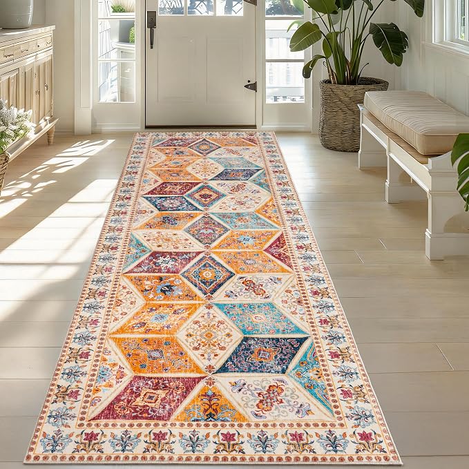 Moroccan Vintage Distressed Boho Geometric Cream 2.7x10 Runner Rug | Patchwork Washable Non Slip Throw Floor Long Carpet Runner for Hallway Entryway Kitchen Bathroom Bedroom Livingroom Rug