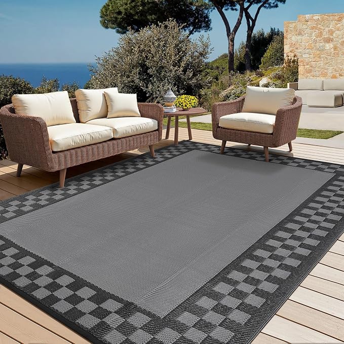 Outdoor Rug 8x10 Waterproof Patio Rugs Modern Geometric Border Reversible Mat Rv Foldable Plastic Straw Carpet for Travel Trailers, Deck, Picnic, Porch, Camper, Balcony, Beach，Black/Grey