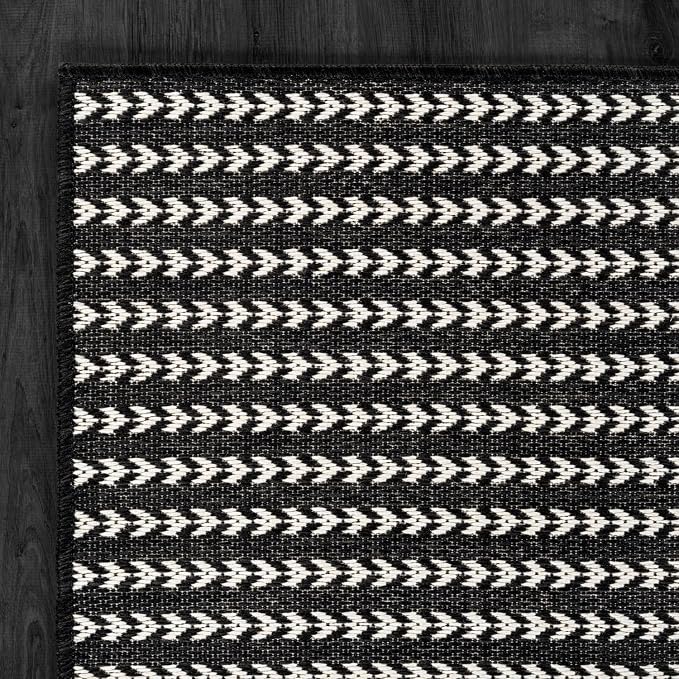 Washable Outdoor Rug 9x12 Modern Area Rugs Outdoor Carpets Striped Pattern Non Shedding Waterproof Easy Clean Patio Deck Porch Living Room Bedroom Garden RV (9 X 12 Black)