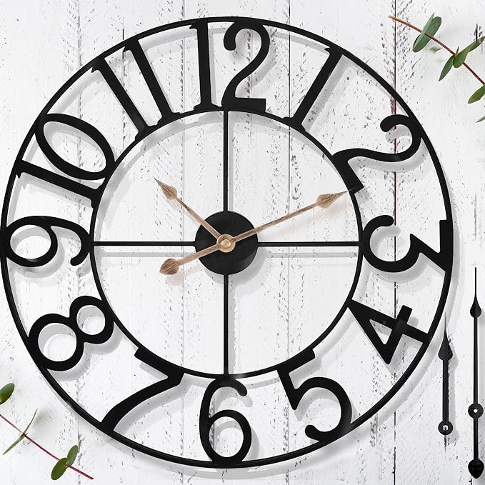 20 in Large Outdoor Clock – Black Metal Outdoor Wall Clock for Patio/Pool Area – Farmhouse Decorative Outdoor Clocks Sient Battery Operated – Vintage Industrial Outside Clock for Garden, Backyard