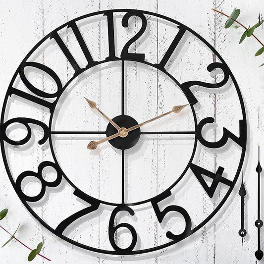 18 in Large Outdoor Clock – Black Metal Outdoor Wall Clock for Patio/Pool Area – Farmhouse Decorative Outdoor Clocks Sient Battery Operated – Vintage Industrial Outside Clock for Garden, Backyard