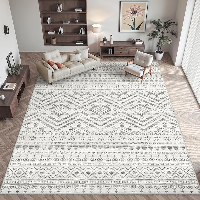 Miukiki 8x10 Area Rug for Living Room, Washable Soft Non Slip Rug Grey | Large Indoor Rug for Kitchen Bedroom Dining Room Office, Low Pile Soft Floor Carpet with Vintage Pattern 7'x10'