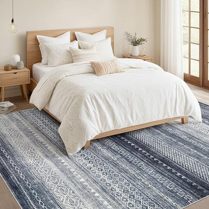 Nakagishi Boho 10x12 Area Rug Living Room Rugs Machine Washable Blue | Soft, Pet & Kid Friendly, Carpet for Living Room/Bedroom/Office/Kitchen/Nursery, Daily Home Decor Stain Resistant Moroccan